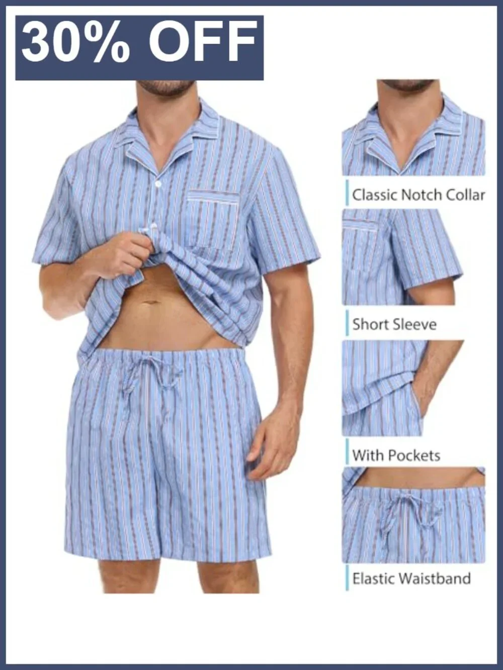 Men's 100% Cotton Pajama Set - 2 Piece Button Down Short Sleeve Sleepwear with